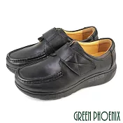 【GREEN PHOENIX】女 休閒鞋 皮鞋 學生鞋 工作鞋 全真皮 沾黏式 厚底 EU35 黑色