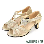 【GREEN PHOENIX】女 國標舞鞋 水鑽 真皮底 專業標準舞鞋 拉丁舞鞋 探戈 台灣製 67 金色