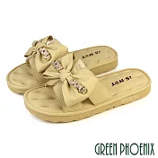 【GREEN PHOENIX】女 拖鞋 蝴蝶結 鏤空 真皮 平底 水鑽 EU35 黃色