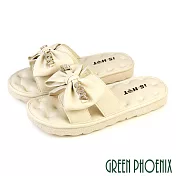 【GREEN PHOENIX】女 拖鞋 蝴蝶結 鏤空 真皮 平底 水鑽 EU35 米色