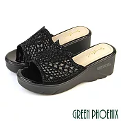 【GREEN PHOENIX】女 拖鞋 楔型 厚底 輕量 水鑽 透膚 鏤空 雕花 JP23 黑色