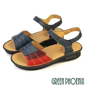 【GREEN PHOENIX】女 涼鞋 厚底 小坡跟 吸震減壓 全真皮 牛皮 臺灣製 EU35 藍色
