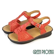 【GREEN PHOENIX】女 涼鞋 全真皮 牛皮 厚底 小坡跟 吸震減壓 臺灣製 EU35 紅色