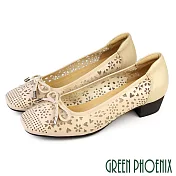 【GREEN PHOENIX】女 跟鞋 包鞋 粗跟 全真皮 牛皮 鏤空 蝴蝶結 EU38 杏色