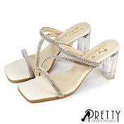 【Pretty】女 拖鞋 高跟拖鞋 水鑽 水晶跟 仙女風 JP22.5 米色