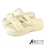 【Pretty】女 拖鞋 厚底 鬆糕 一字 抓皺 吸震 EU36 米色