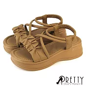 【Pretty】女 涼鞋 羅馬涼鞋 鬆糕 厚底 一字 抓皺 吸震 EU37 卡其色