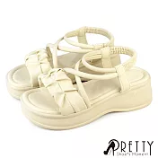 【Pretty】女 涼鞋 羅馬涼鞋 鬆糕 厚底 一字 抓皺 吸震 EU36 米色