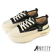 【Pretty】女 休閒鞋 顯瘦 厚底 奶油頭 綁帶 JP23 黑色