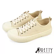 【Pretty】女 帆布鞋 休閒鞋 平底 奶油頭 無印風 EU36 米色