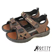 【Pretty】男 涼鞋 厚底涼鞋 休閒涼鞋 寬楦 二字 皮革 台灣製 EU39 咖啡色