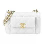 CHANEL 金色雙C LOGO菱格小牛皮口袋WOC肩背/斜背包(迷你/白色)