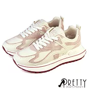 【Pretty】女 休閒鞋 厚底鞋 拼接 綁帶 復古運動風 JP23 粉紅色