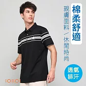 IOIIOI歐洲貴族 短袖POLO衫 條紋款 透氣排汗 高彈力 經典刺繡 25565390 M 黑色