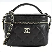 CHANEL 雙C LOGO 菱格紋粒紋小牛皮金釦化妝/兩用包(黑色)
