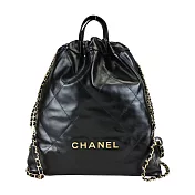 CHANEL 22 亮面小牛皮金釦抽繩雙肩包(黑色)