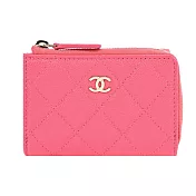 CHANEL 經典雙C LOGO菱格紋小牛皮對開零錢短夾(粉色)