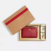 COACH 素面皮革L型手拿包及吊飾禮盒-紅色