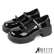 【Pretty】女 瑪莉珍鞋 小皮鞋 學院風 法式 復古 漆皮 粗跟 JP23 黑色