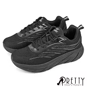 【Pretty】男 運動鞋 休閒鞋 綁帶 吸震減壓 輕量 厚底 JP26 黑色