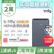 萬元耗材組~【only】1臺抵2臺5-7坪HEPA空氣清淨除濕機OH05-Y15P福利品(加強乾衣/節能標章/5.5公升)(贈原廠濾網×6市價$11940) 黑色