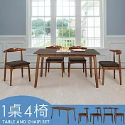 Homelike 喜家居140cm黑岩板胡桃餐桌椅組(一桌四椅)(2517-21)
