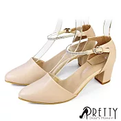 【Pretty】女 高跟鞋 宴會鞋 水鑽 粗跟 尖頭 台灣製 JP24 米色