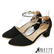 【Pretty】女 高跟鞋 宴會鞋 水鑽 粗跟 尖頭 台灣製 JP23 黑色