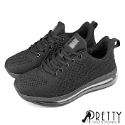 【Pretty】男女 女大尺碼 運動鞋 休閒鞋 綁帶 厚底 氣墊 吸震減壓 輕量 JP24 黑色