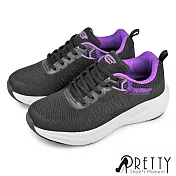 【Pretty】男女 女大尺碼 運動鞋 休閒鞋 綁帶 彈力 厚底 微寬楦 JP23 黑色