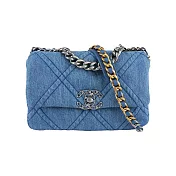 CHANEL 22P Chanel 19銀色CC Logo 布質菱格紋口蓋包_展示品 (牛仔藍)