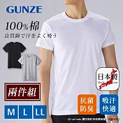 【日本郡是Gunze】日本製 兩件組 抗菌防臭加工 100%純棉 男士 圓領 短袖內衣 衛生衣(舒適親膚) 黑色-M