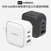【Hoda】65W GaN氮化鎵智慧方型三孔電源供應器 / 極速智能充電器  黑色