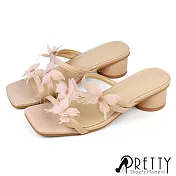 【Pretty】女 拖鞋 高跟拖鞋 粗跟 中跟 方頭 水鑽 蝴蝶 仙女風 JP23 粉紅色