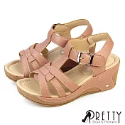 【Pretty】女 涼鞋 厚底涼鞋 楔型涼鞋 沾黏帶 皮革 T字 台灣製 EU37 粉紅色