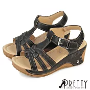 【Pretty】女 涼鞋 厚底涼鞋 楔型涼鞋 沾黏帶 皮革 T字 台灣製 EU38 黑色