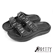 【Pretty】男 拖鞋 沙灘鞋 室內拖鞋 防水 輕量 二字 魔鬼氈沾黏式 足弓支撐 EU39 黑色