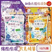 (2袋任選超值組)日本Hakugen白元-抽屜衣櫃收納箱用乾燥防霉消臭香氛除濕劑12入/袋(DRY&DRY UP氯化鈣顆粒吸濕片,衣物脫臭防泛黃,淨味透明防潮集水袋) 金木犀香(黃)+紫陽花香(紫)各1袋