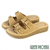 【GREEN PHOENIX】女 拖鞋 厚底拖鞋 厚底 增高 雙皮帶釦 EU37 杏色