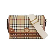 BURBERRY Note 經典格紋拼皮革翻蓋斜背包 (石楠木棕色)