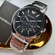 ARMANI阿曼尼精品錶,編號：AR00075,46mm圓形銀精鋼錶殼黑色錶盤精鋼銀色錶帶