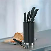 《KELA》Acida刀座+不沾刀具5件(墨黑) | 廚具刀具組 主廚刀 麵包刀 切肉刀 多用刀 削皮刀 刀座