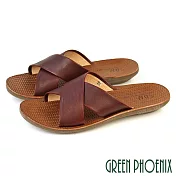 【GREEN PHOENIX】女 拖鞋 全真皮 寬版 交叉 平底 台灣製 S 紅色