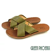 【GREEN PHOENIX】女 拖鞋 全真皮 寬版 交叉 平底 台灣製 S 綠色