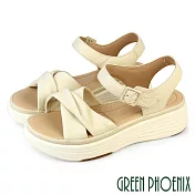 【GREEN PHOENIX】女 涼鞋 厚底涼鞋 楔型涼鞋 沾黏帶 扭結 輕量 羊皮 EU35 米色