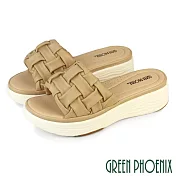 【GREEN PHOENIX】女 拖鞋 厚底拖鞋 楔型拖鞋 編織 輕量 羊皮 EU36 杏色