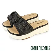 【GREEN PHOENIX】女 拖鞋 厚底拖鞋 楔型拖鞋 編織 輕量 羊皮 EU36 黑色