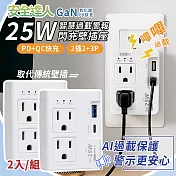 【安全達人】 GaN氮化鎵智慧過載警示器 2插2+3P 25W閃充壁插座 2入組   (防雷突波 安全裝置 100分貝警示 充電頭 警示器 分接器 PD插座 ) 白色2入組