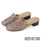 【GREEN PHOENIX】女 穆勒鞋 拖鞋 粗跟 水鑽 透膚 鏤空 紗網 EU37 卡其色