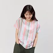 好我_Debbie 方型小蓋袖拼接棉質直條上衣 FREE 綠粉條